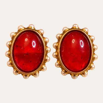 Vintage Ben-Amun Red Lucite & Faux Pearl Clip-On Earrings – Signed