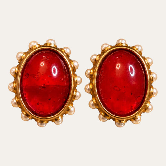 Vintage Ben-Amun Red Lucite & Faux Pearl Clip-On Earrings – Signed