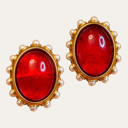 Vintage Ben-Amun Red Lucite & Faux Pearl Clip-On Earrings – Signed