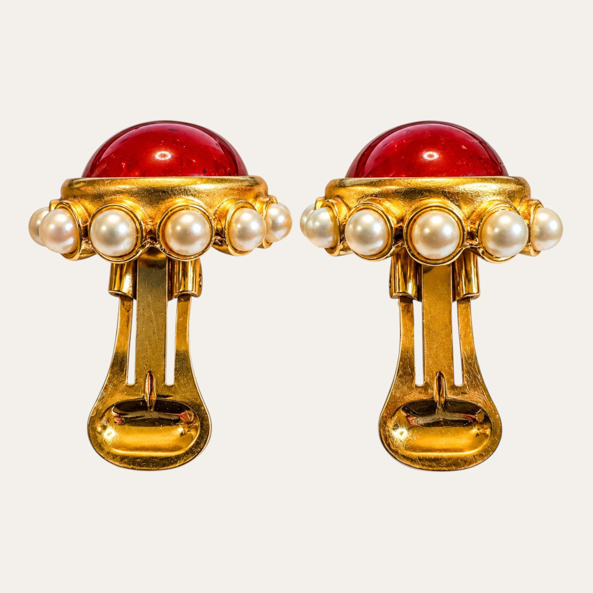 Vintage Ben-Amun Red Lucite & Faux Pearl Clip-On Earrings – Signed