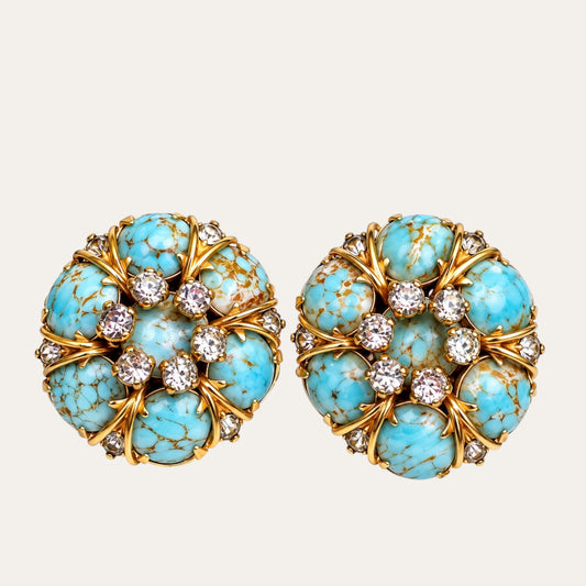Vintage Hattie Carnegie Blue Matrix Glass & Rhinestone Cluster Clip-On Earrings – Signed