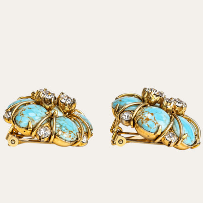 Vintage Hattie Carnegie Blue Matrix Glass & Rhinestone Cluster Clip-On Earrings – Signed