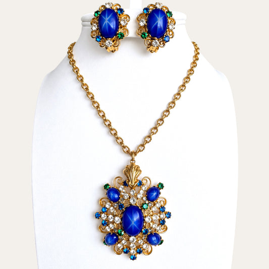 Vintage 1960s Star Sapphire Glass Necklace & Earrings Set – Blue, Emerald & Crystal Gold Filigree