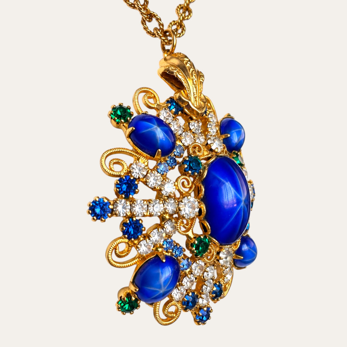 Vintage 1960s Star Sapphire Glass Necklace & Earrings Set – Blue, Emerald & Crystal Gold Filigree