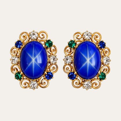 Vintage 1960s Star Sapphire Glass Necklace & Earrings Set – Blue, Emerald & Crystal Gold Filigree