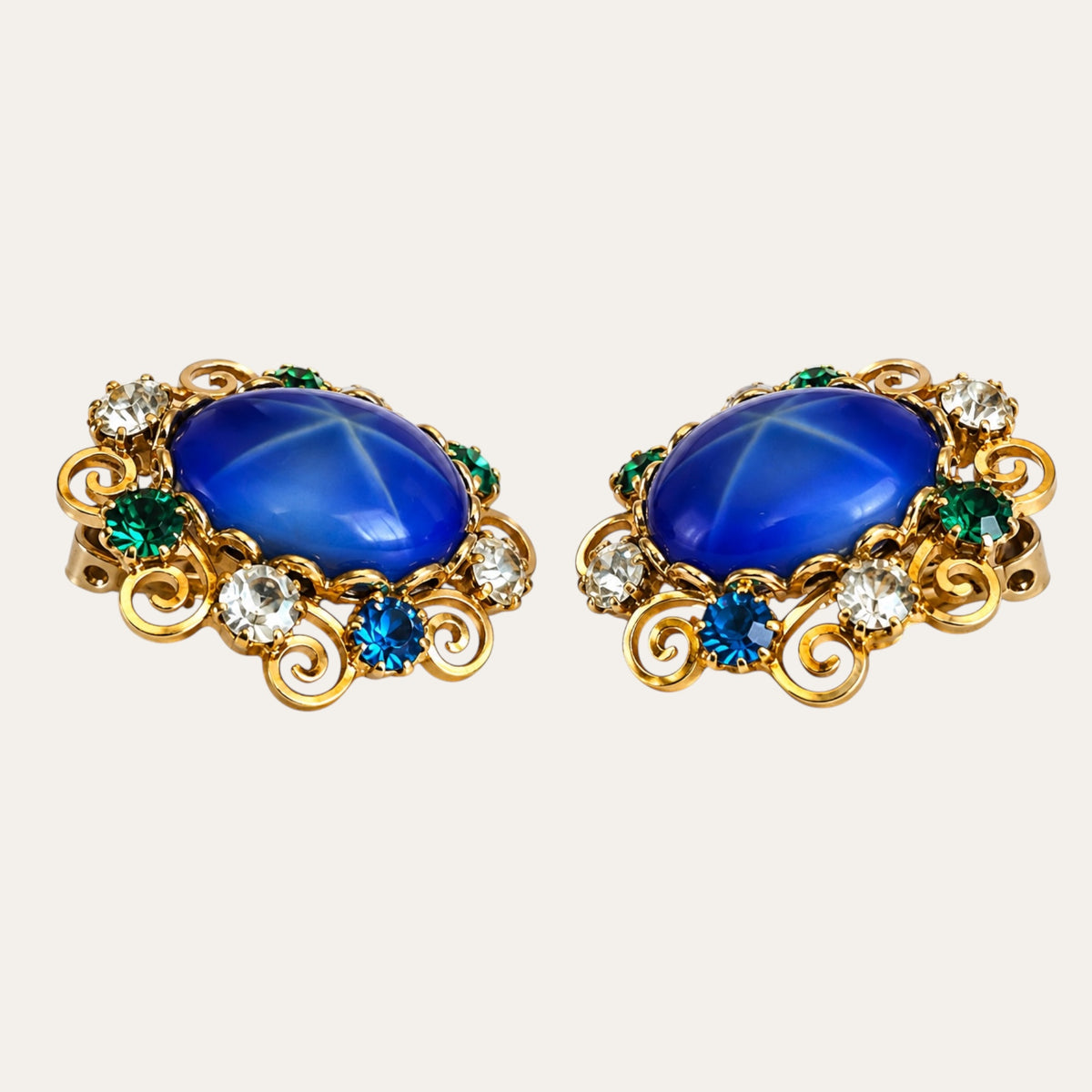 Vintage 1960s Star Sapphire Glass Necklace & Earrings Set – Blue, Emerald & Crystal Gold Filigree