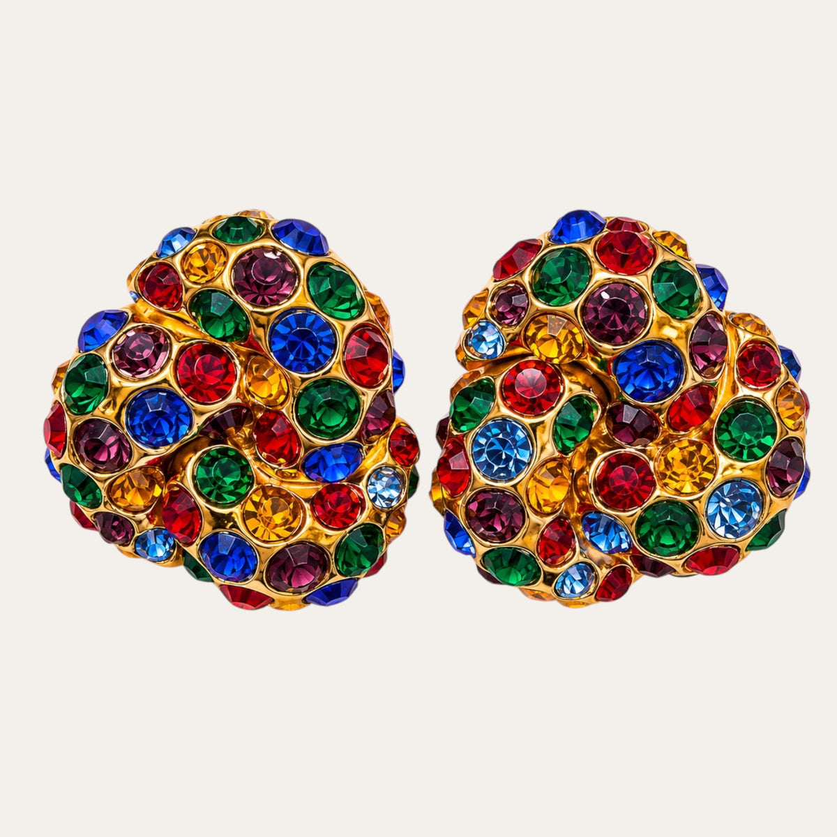 Vintage Jewel-Tone Glass Rhinestone Knot Clip-On Earrings