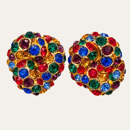 Vintage Jewel-Tone Glass Rhinestone Knot Clip-On Earrings