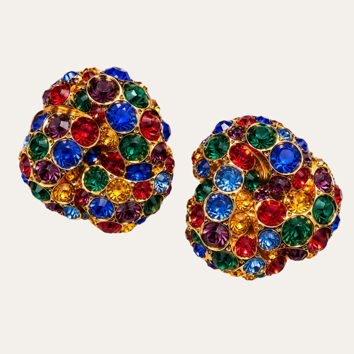Vintage Jewel-Tone Glass Rhinestone Knot Clip-On Earrings