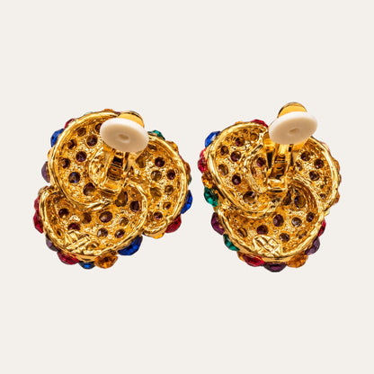 Vintage Jewel-Tone Glass Rhinestone Knot Clip-On Earrings