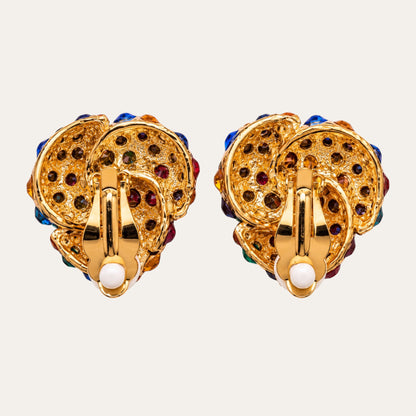 Vintage Jewel-Tone Glass Rhinestone Knot Clip-On Earrings