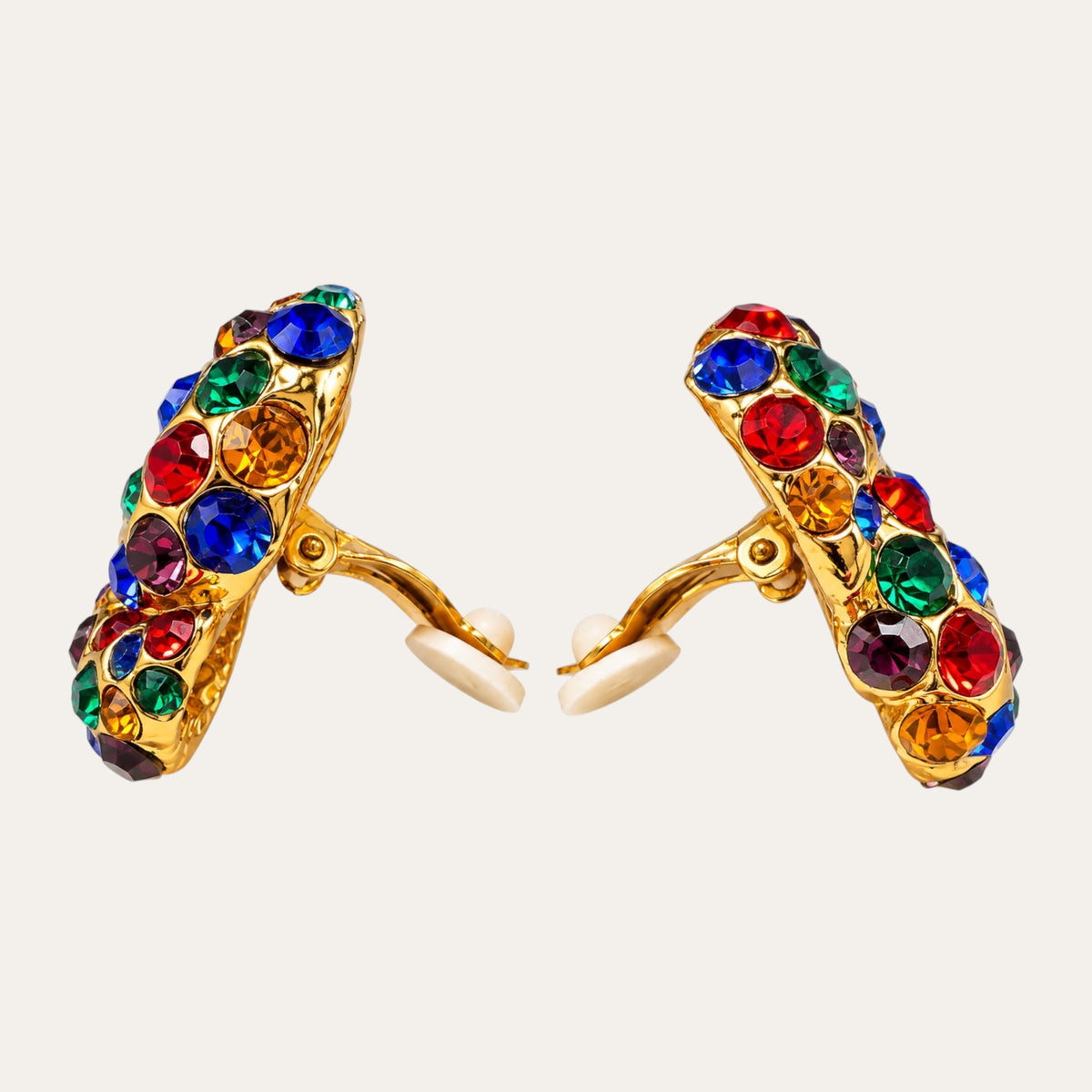 Vintage Jewel-Tone Glass Rhinestone Knot Clip-On Earrings