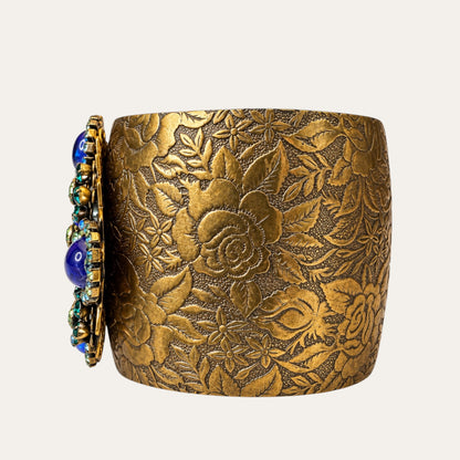 Vintage Liz Palacios San Francisco Jeweled Floral Brass Cuff – Blue Glass & Rhinestones