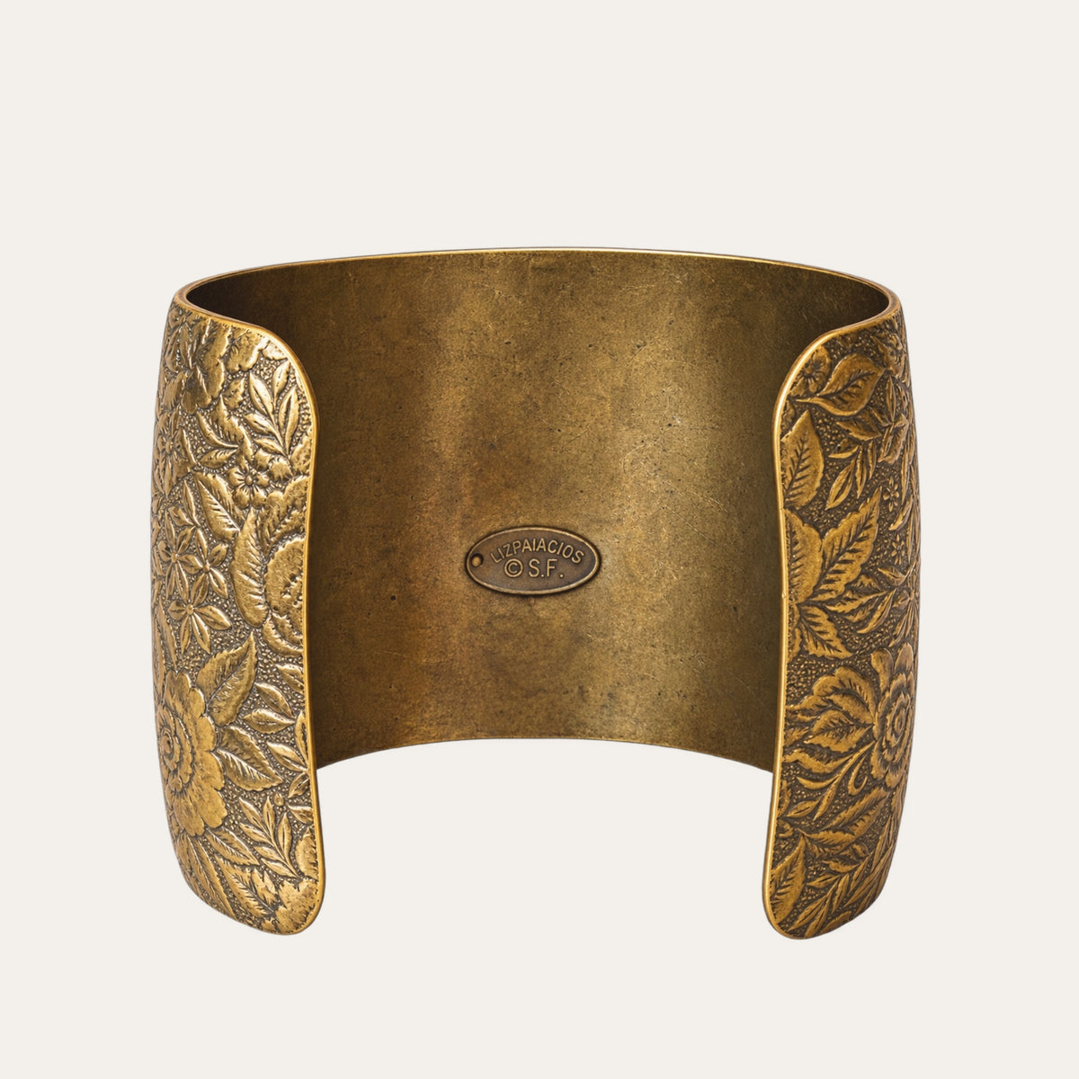 Vintage Liz Palacios San Francisco Jeweled Floral Brass Cuff – Blue Glass & Rhinestones
