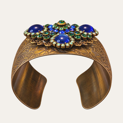 Vintage Liz Palacios San Francisco Jeweled Floral Brass Cuff – Blue Glass & Rhinestones
