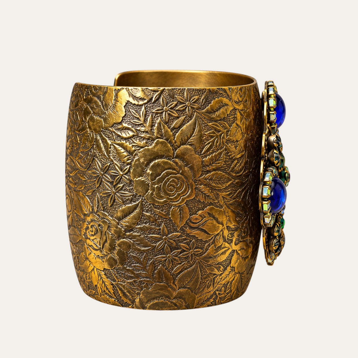 Vintage Liz Palacios San Francisco Jeweled Floral Brass Cuff – Blue Glass & Rhinestones