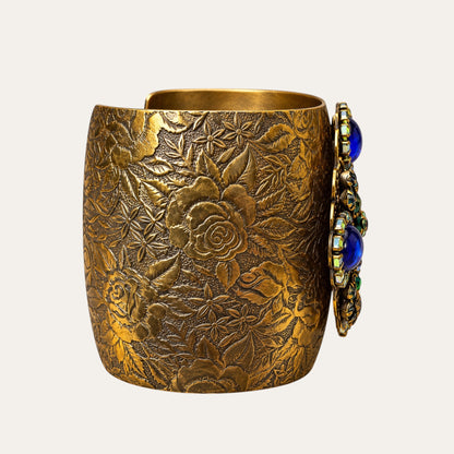Vintage Liz Palacios San Francisco Jeweled Floral Brass Cuff – Blue Glass & Rhinestones