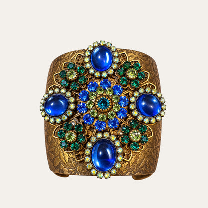 Vintage Liz Palacios San Francisco Jeweled Floral Brass Cuff – Blue Glass & Rhinestones
