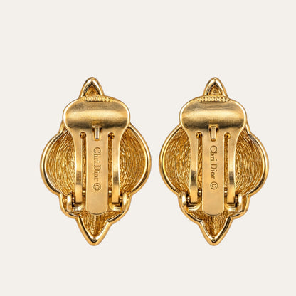 Vintage Christian Dior Black Enamel & Crystal Clip-On Earrings – Signed Gold-Tone Designer Jewelry
