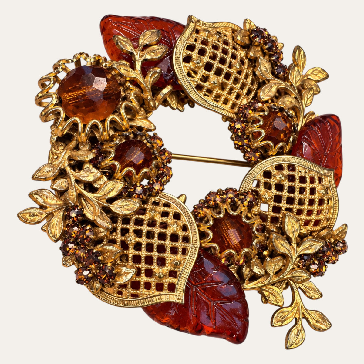 Miriam Haskell Amber Molded Glass & Gilt Filigree Wreath Brooch – Signed Vintage Jewelry