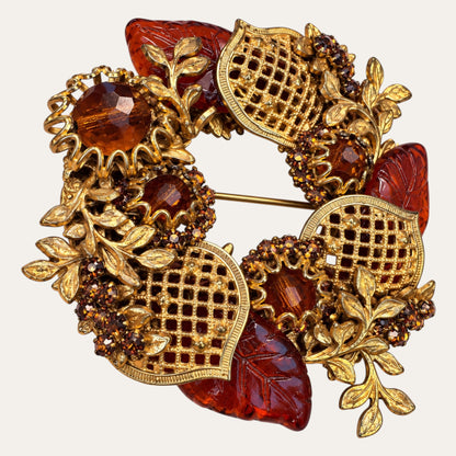 Miriam Haskell Amber Molded Glass & Gilt Filigree Wreath Brooch – Signed Vintage Jewelry