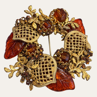 Miriam Haskell Amber Molded Glass & Gilt Filigree Wreath Brooch – Signed Vintage Jewelry