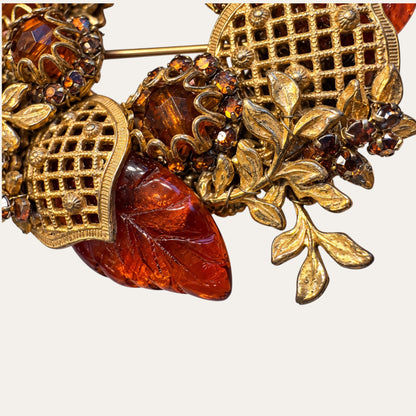Miriam Haskell Amber Molded Glass & Gilt Filigree Wreath Brooch – Signed Vintage Jewelry