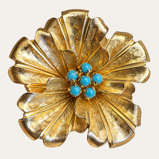 Signed Grossé 1960 turquoise glass and gold-tone floral brooch – Betty Lily & Co.