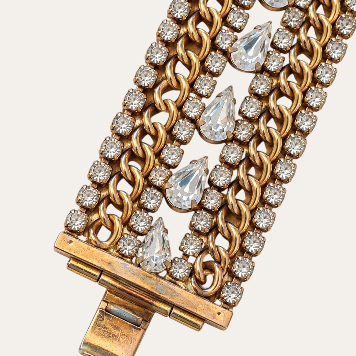 Vintage Hobé Rhinestone & Gold-Tone Chain Statement Bracelet