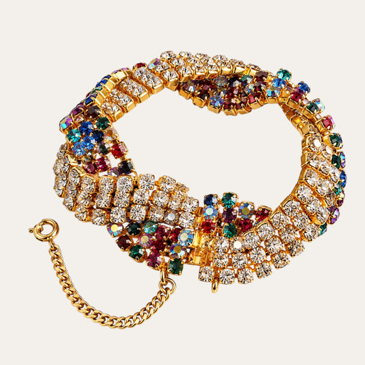 Signed vintage Kramer multicolor and clear rhinestone twisted statement bracelet with gold-tone setting and original safety chain – Betty Lily & Co.
