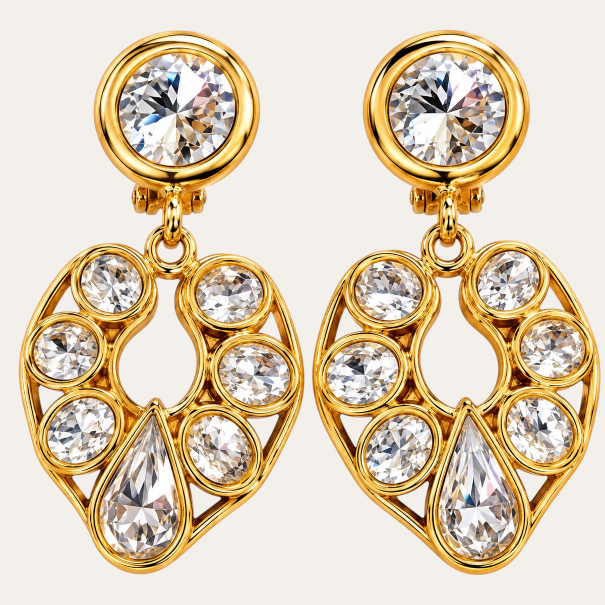 Vintage 1980s Clear Rhinestone Heart Door Knocker Clip-On Earrings