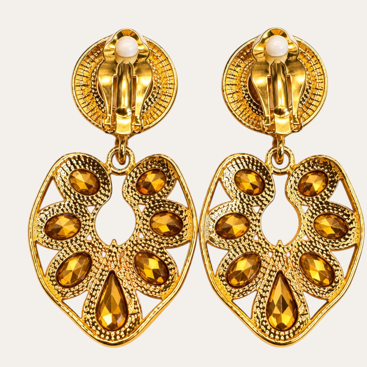 Vintage 1980s Clear Rhinestone Heart Door Knocker Clip-On Earrings