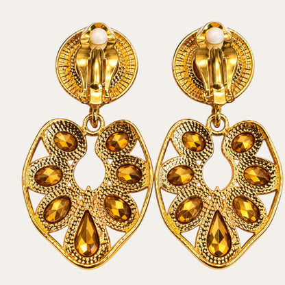 Vintage 1980s Clear Rhinestone Heart Door Knocker Clip-On Earrings
