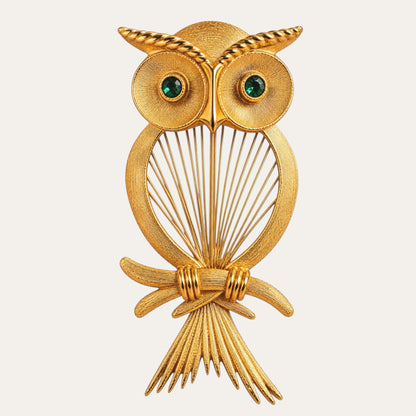 Rare 1961 Monet Spinneret Owl Brooch – Verified Book Piece, Emerald Green Glass Eyes
