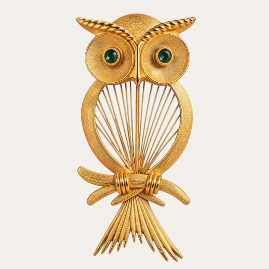Rare 1961 Monet Spinneret Owl Brooch – Verified Book Piece, Emerald Green Glass Eyes