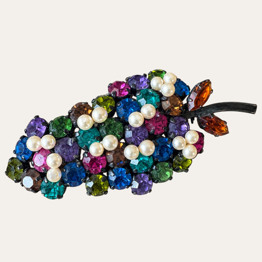 Vintage 1950s Made in Austria Multicolor Crystal Fruit Vine Brooch with Pearls