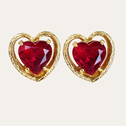 Vintage Arthur Pepper ART Red Heart Rhinestone Clip-On Earrings – 1960s Signed Textured Gold
