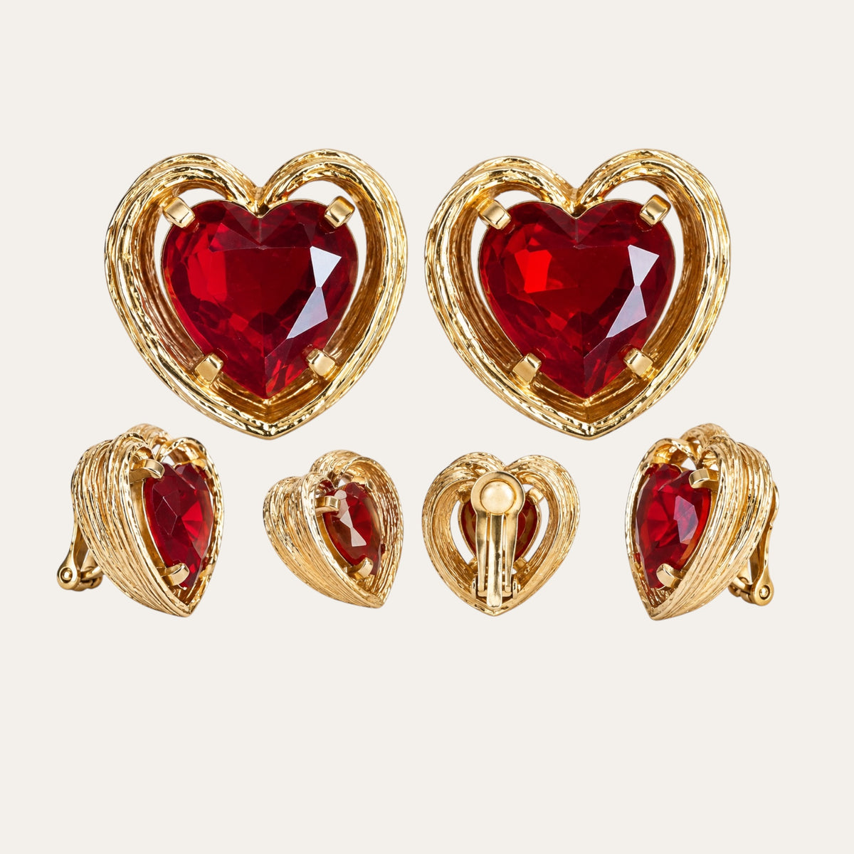Vintage Arthur Pepper ART Red Heart Rhinestone Clip-On Earrings – 1960s Signed Textured Gold