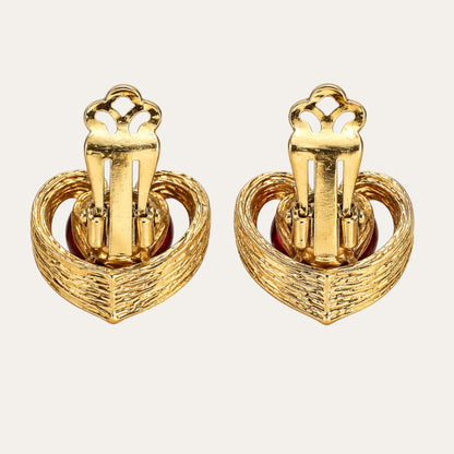 Vintage Arthur Pepper ART Red Heart Rhinestone Clip-On Earrings – 1960s Signed Textured Gold