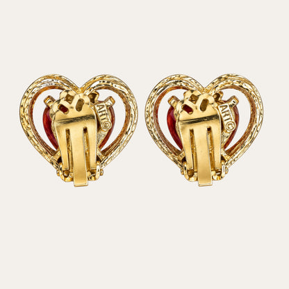 Vintage Arthur Pepper ART Red Heart Rhinestone Clip-On Earrings – 1960s Signed Textured Gold