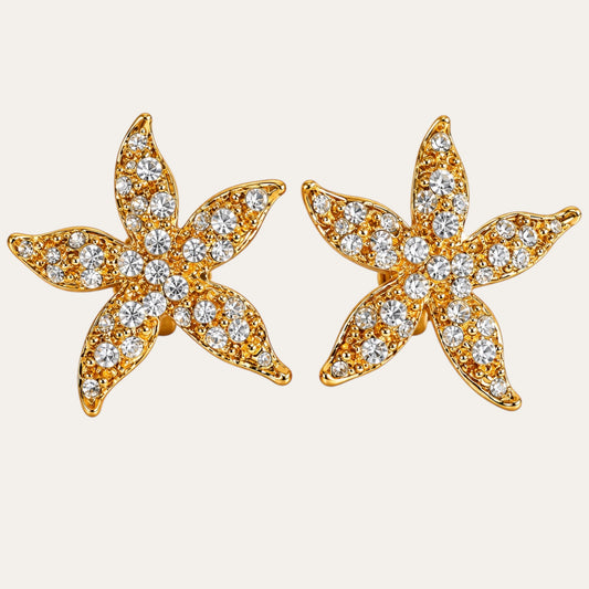 Vintage Rhinestone Star Clip-On Earrings – Textured Gold-Tone High Fashion Statement Jewelry