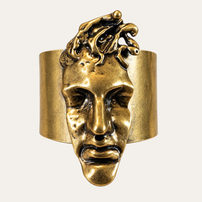 Vintage Sculptural Brass Face Statement Cuff Bracelet