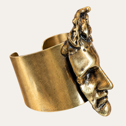 Vintage Sculptural Brass Face Statement Cuff Bracelet