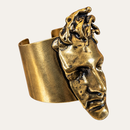 Vintage Sculptural Brass Face Statement Cuff Bracelet