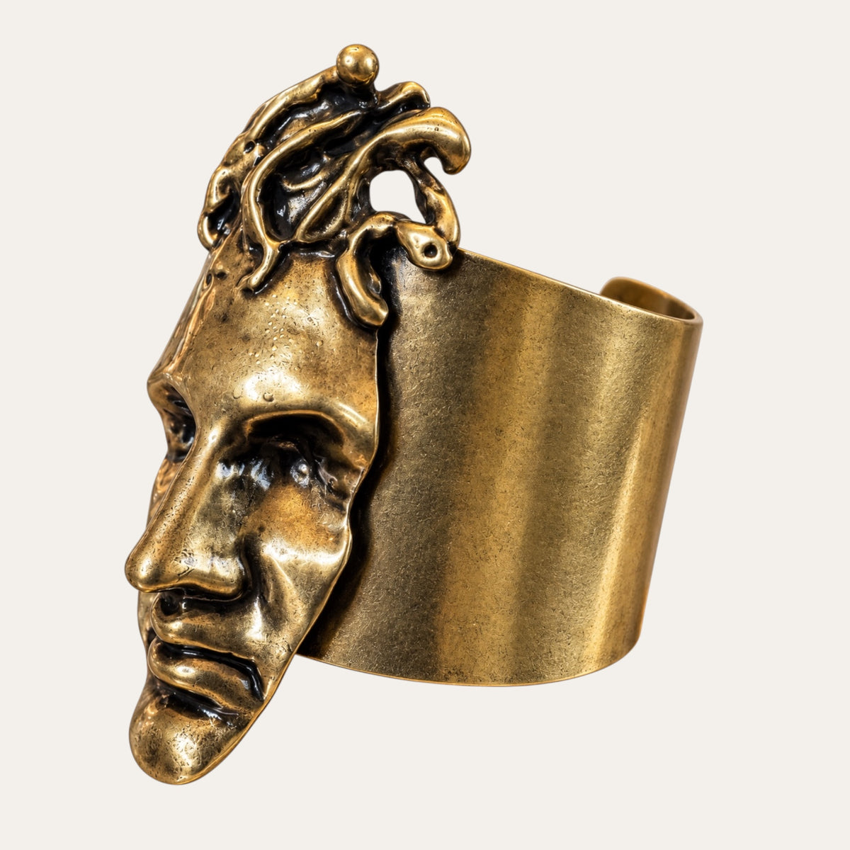 Vintage Sculptural Brass Face Statement Cuff Bracelet