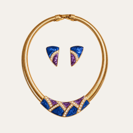 Vintage Trifari Omega Necklace & Earrings Set – Frosted Enamel & Faux Pearl