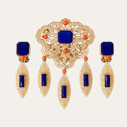 Alice Caviness 1950s Blue Glass & Filigree Brooch and Earrings Demi-Parure