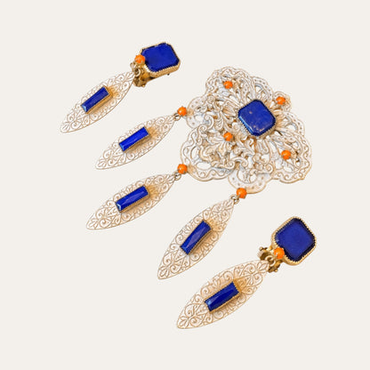 Alice Caviness 1950s Blue Glass & Filigree Brooch and Earrings Demi-Parure