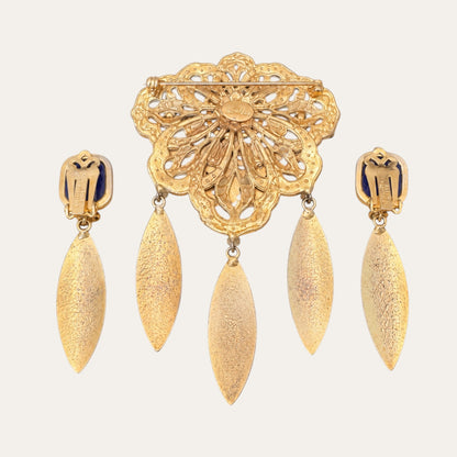 Alice Caviness 1950s Blue Glass & Filigree Brooch and Earrings Demi-Parure