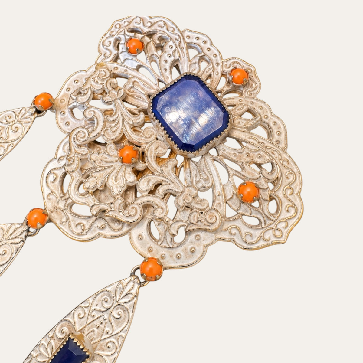 Alice Caviness 1950s Blue Glass & Filigree Brooch and Earrings Demi-Parure